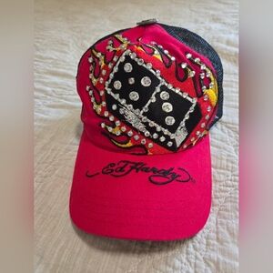 Ed Hardy Red and Black Rhinestone Trucker Hat - Vintage/Unisex